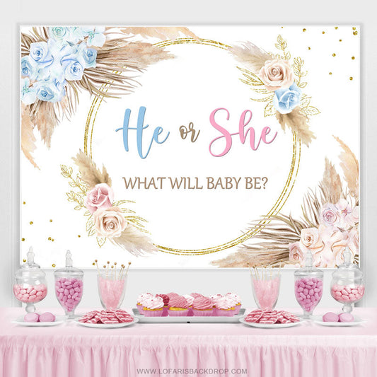 Lofaris Pink Blue He Or She Feather Floral Baby Shower Backdrop