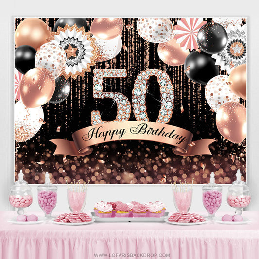 Lofaris Pink Bokeh Glitter Balloons Black 50th Birthday Backdrop
