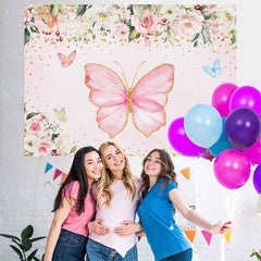 Lofaris Pink Butterfly And Floral Baby Shower Backdrop For Girl