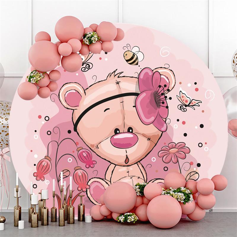 Lofaris Pink Butterfly And Floral Bear Round Baby Shower Backdrop