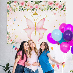 Lofaris Pink ButterFly And Floral Glitter Baby Shower Backdrop