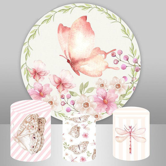 Lofaris Pink Butterfly And Floral Round Baby Shower Backdrop