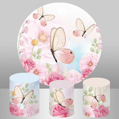 Lofaris Pink Butterfly And Floral Round Girls Birthday Backdrop