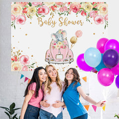 Lofaris Pink Car And Floral Elephant Baby Shower Backdrops