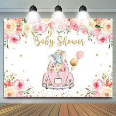 Lofaris Pink Car And Floral Elephant Baby Shower Backdrops