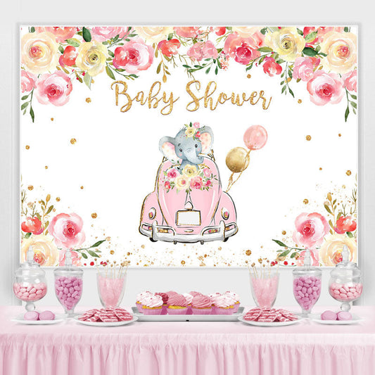 Lofaris Pink Car And Floral Elephant Baby Shower Backdrops