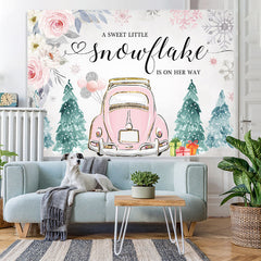 Lofaris Pink Car and Floral Winter Baby Shower Backdrop Girl