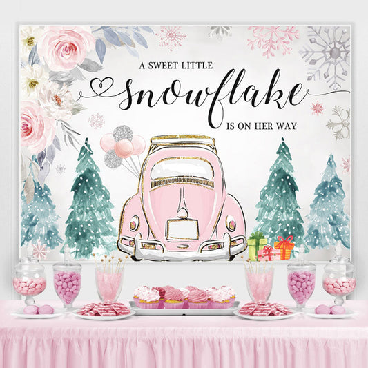 Lofaris Pink Car and Floral Winter Baby Shower Backdrop Girl