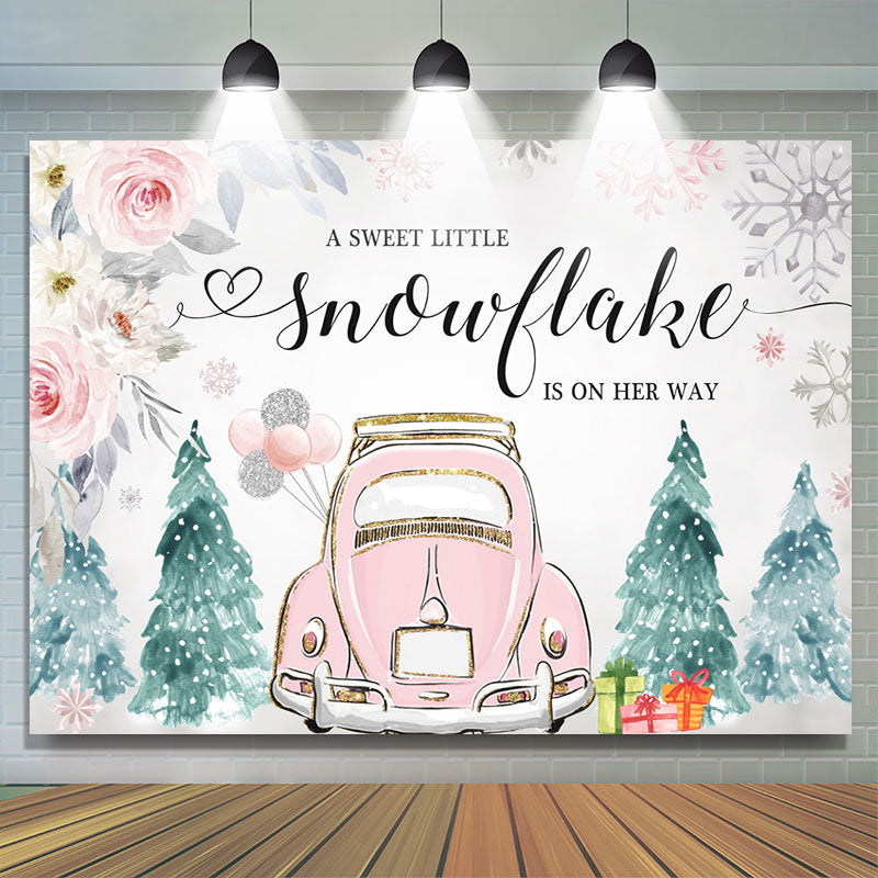 Lofaris Pink Car and Floral Winter Baby Shower Backdrop Girl