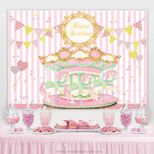Lofaris Pink Carousel Flags Happy Birthday Backdrop For Girl