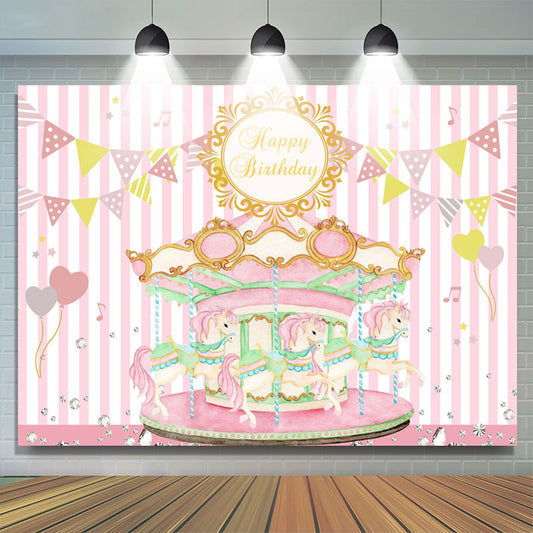 Lofaris Pink Carousel Flags Happy Birthday Backdrop For Girl