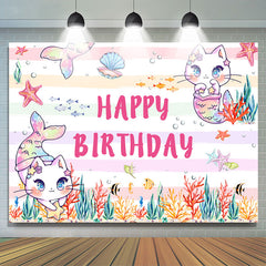 Lofaris Pink Cat Mermaid Fish Happy Birthday Party Backdrop