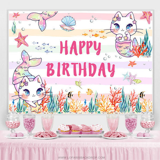 Lofaris Pink Cat Mermaid Fish Happy Birthday Party Backdrop
