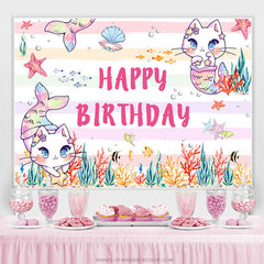 Lofaris Pink Cat Mermaid Fish Happy Birthday Party Backdrop