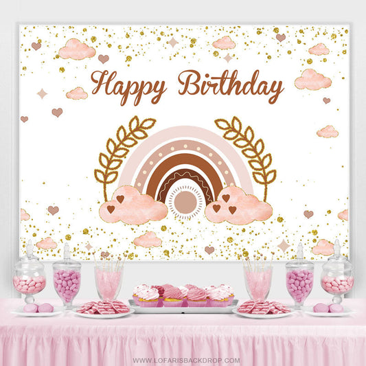 Lofaris Pink Cloud Rainbow Leaves Glitter Birthday Backdrop