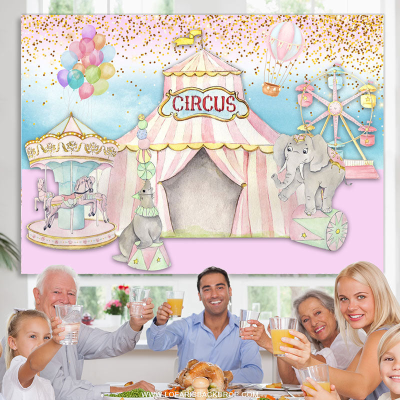 Lofaris Pink Curcus With Colorful Dot And Balloons Backdrop