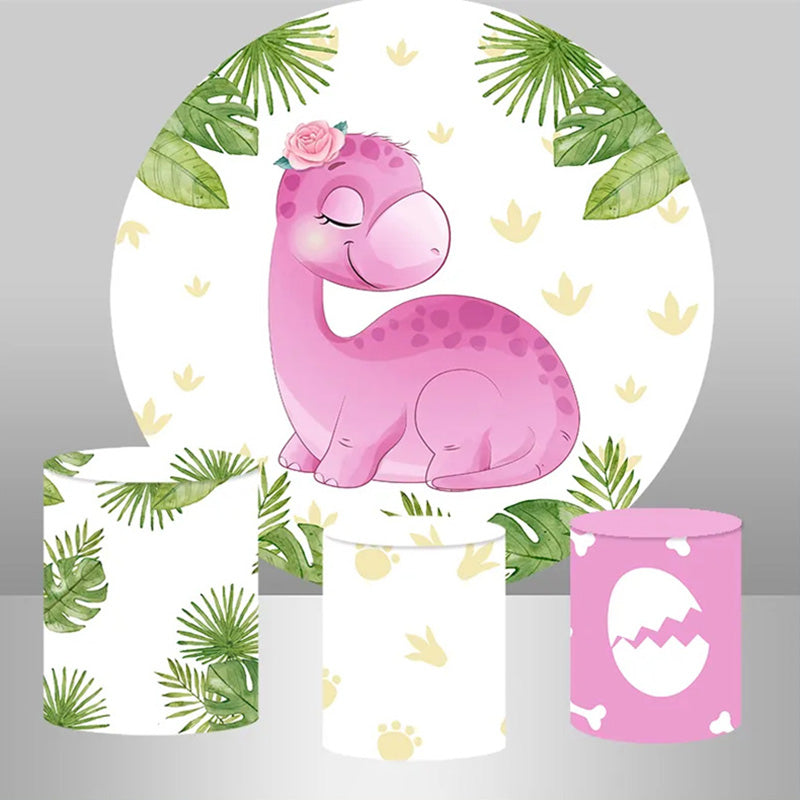 Lofaris Pink Dinosaur Leaves Round Backdrop Kit For Girls