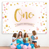 Load image into Gallery viewer, Lofaris Pink Dot Gold Glitter First Happy Birthday Backdrop