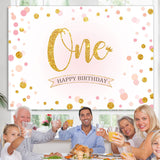 Load image into Gallery viewer, Lofaris Pink Dot Gold Glitter First Happy Birthday Backdrop