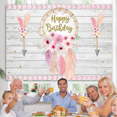 Lofaris Pink Dreamcatcher Happy Birthday Floral Backdrop for Girls