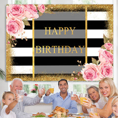 Lofaris Pink Fioral And Gold Glitter Happy Birthday Backdrop