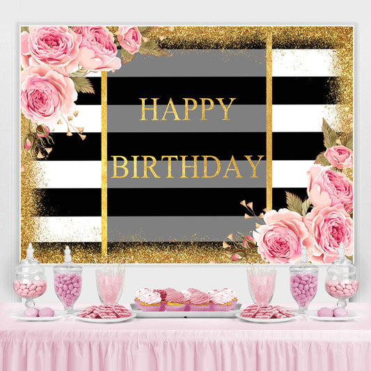 Lofaris Pink Fioral And Gold Glitter Happy Birthday Backdrop