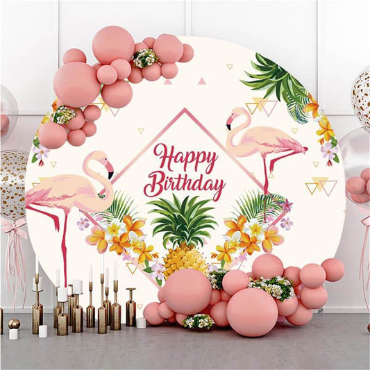 Lofaris Pink Flamingo And Floral Round Happy Birthday Backdrop