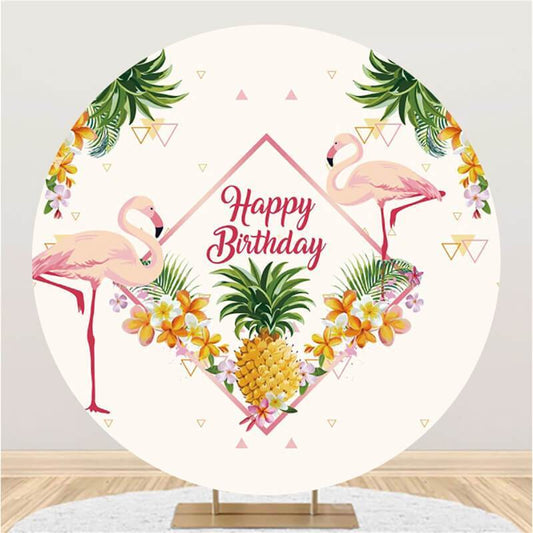Lofaris Pink Flamingo And Floral Round Happy Birthday Backdrop