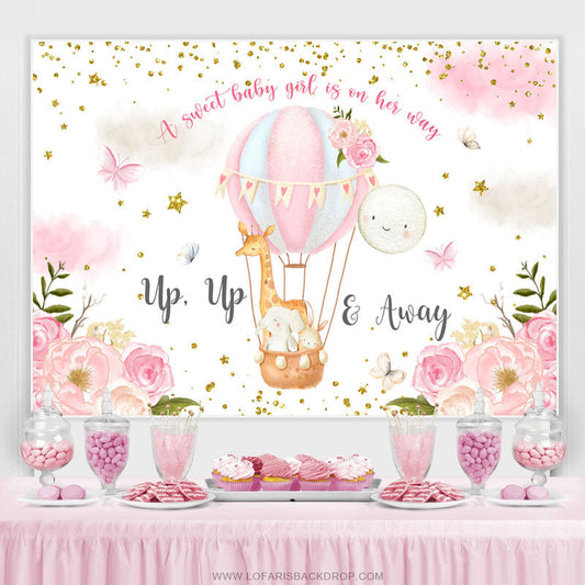 Lofaris Pink Floral And Air Balloons Girls Baby Shower Backdrop