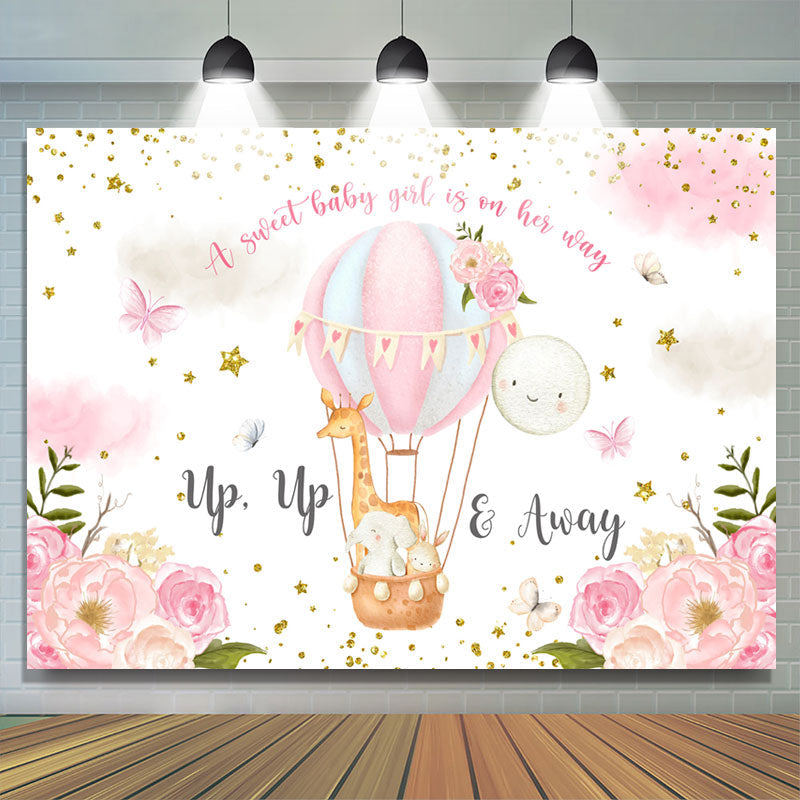 Lofaris Pink Floral And Air Balloons Girls Baby Shower Backdrop