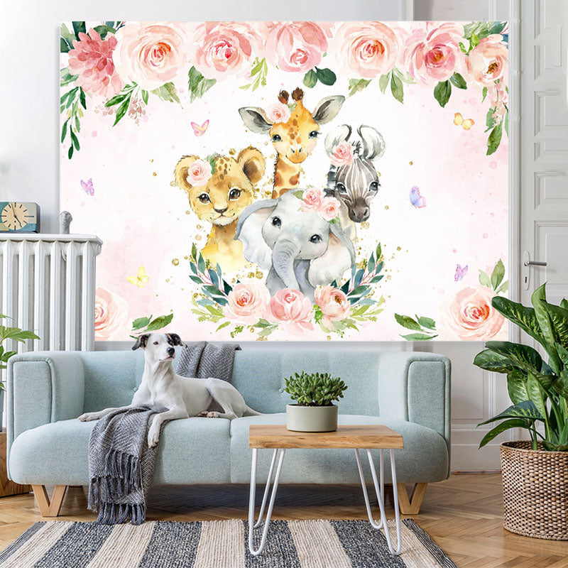 Lofaris Pink Floral and Animals Cartoon Backdrop for Kids