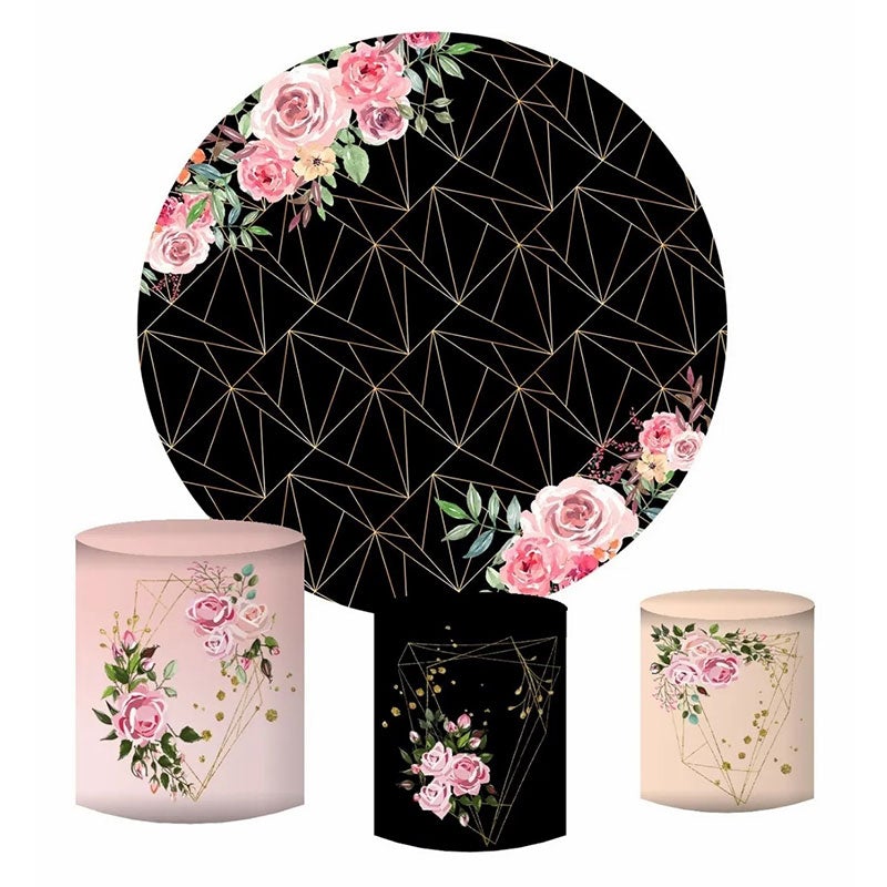Lofaris Pink Floral And Black Abstract Round Birthday Backdrop Kit