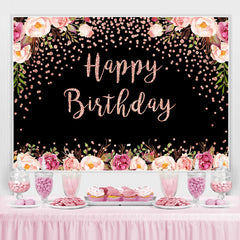 Lofaris Pink Floral And Black Bokeh Happy Birthday Backdrop