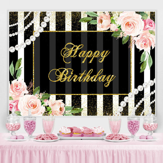 Lofaris Pink Floral And Black With White Birthday Backdrop