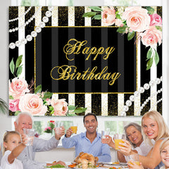 Lofaris Pink Floral And Black With White Birthday Backdrop