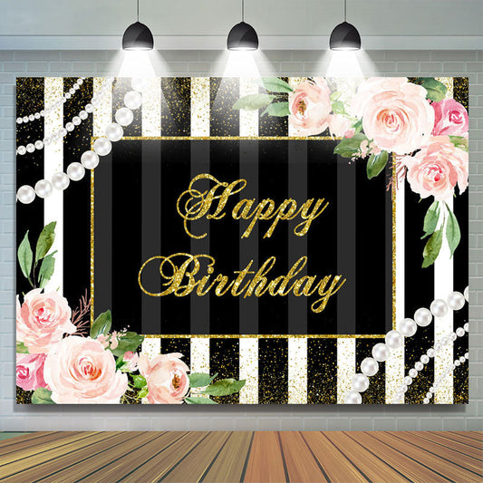 Lofaris Pink Floral And Black With White Birthday Backdrop