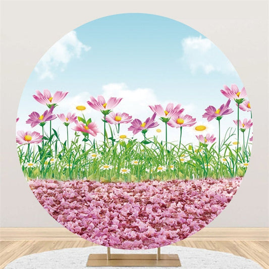 Lofaris Pink Floral And Blue Sky Round Baby Shower Backdrop
