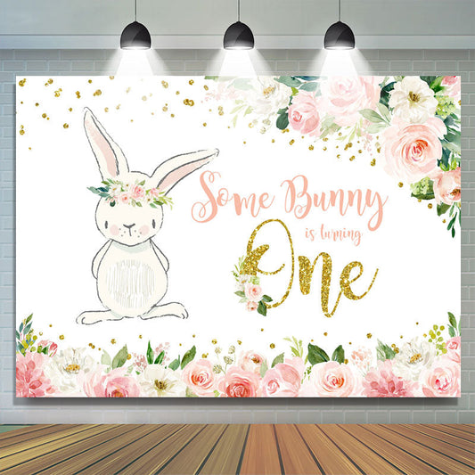 Lofaris Pink Floral And Bunny 1st Birthday Backdrop For Girl