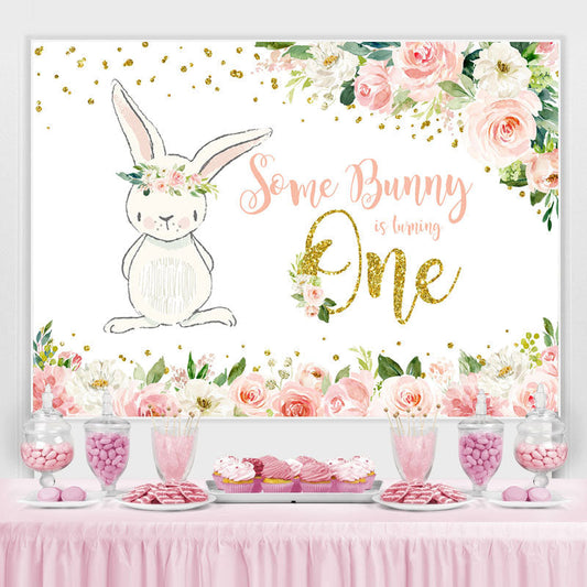 Lofaris Pink Floral And Bunny 1st Birthday Backdrop For Girl