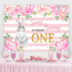 Lofaris Pink Floral And Bunny Is Turning One Birthday Backdrop