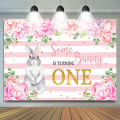 Lofaris Pink Floral And Bunny Is Turning One Birthday Backdrop