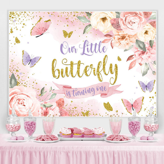 Lofaris Pink Floral And Butterful Glitter 1st Birthday Backdrop