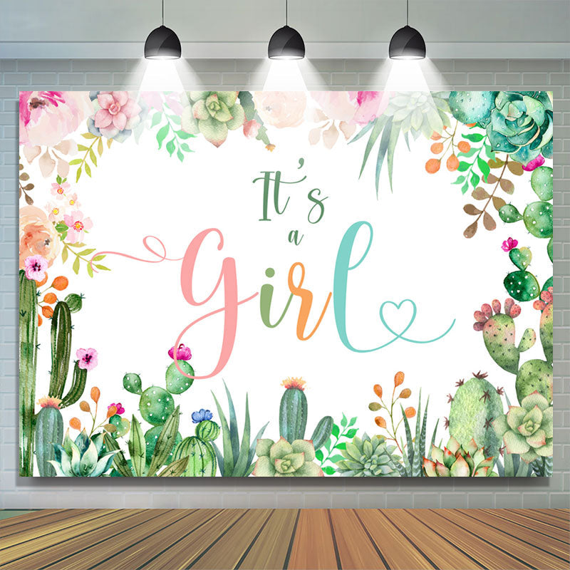 Lofaris Pink Floral And Cactus Its A Girl Baby Shower Backdrop