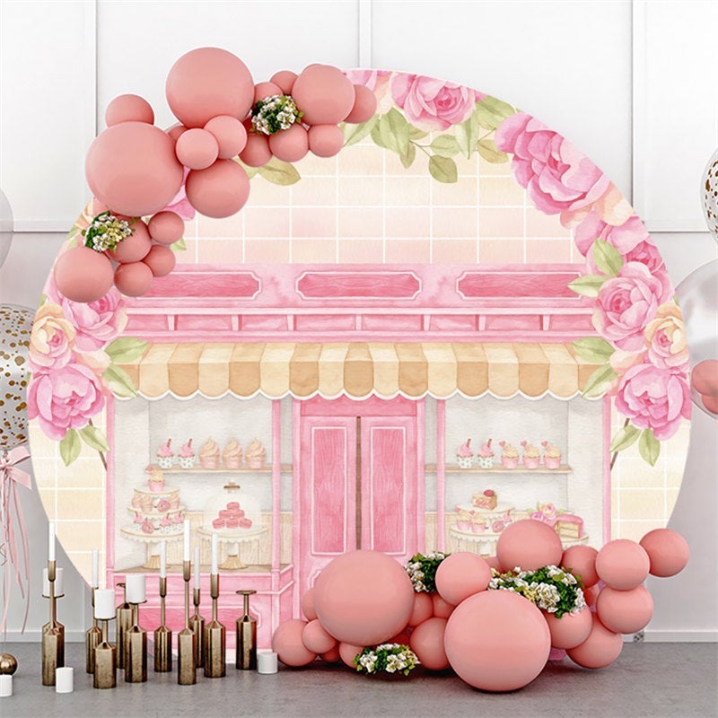 Lofaris Pink Floral And Cake Store Round Birtdhay Backdorp