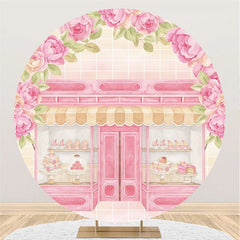 Lofaris Pink Floral And Cake Store Round Birtdhay Backdorp