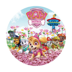 Lofaris Pink Floral And Cartoon Dogs Round Birthday Backdrop