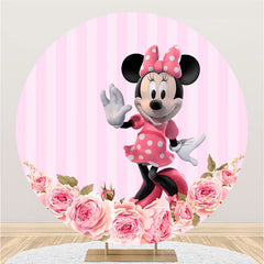 Lofaris Pink Floral And Cartoon Mouse Round Birthday Backdrop
