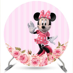 Lofaris Pink Floral And Cartoon Mouse Round Birthday Backdrop