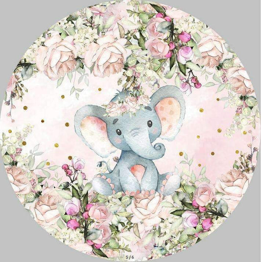 Lofaris Pink Floral And Elephant Girls Round Baby Shower Backdrop