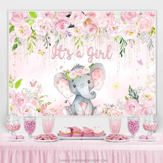 Lofaris Pink Floral And Elephant Its A Girl Baby Shower Backdrop